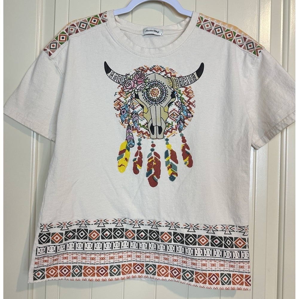 American Bling Rodeo Western Beaded short sleeve Aztec‎ Cowgirl shirt Sz S